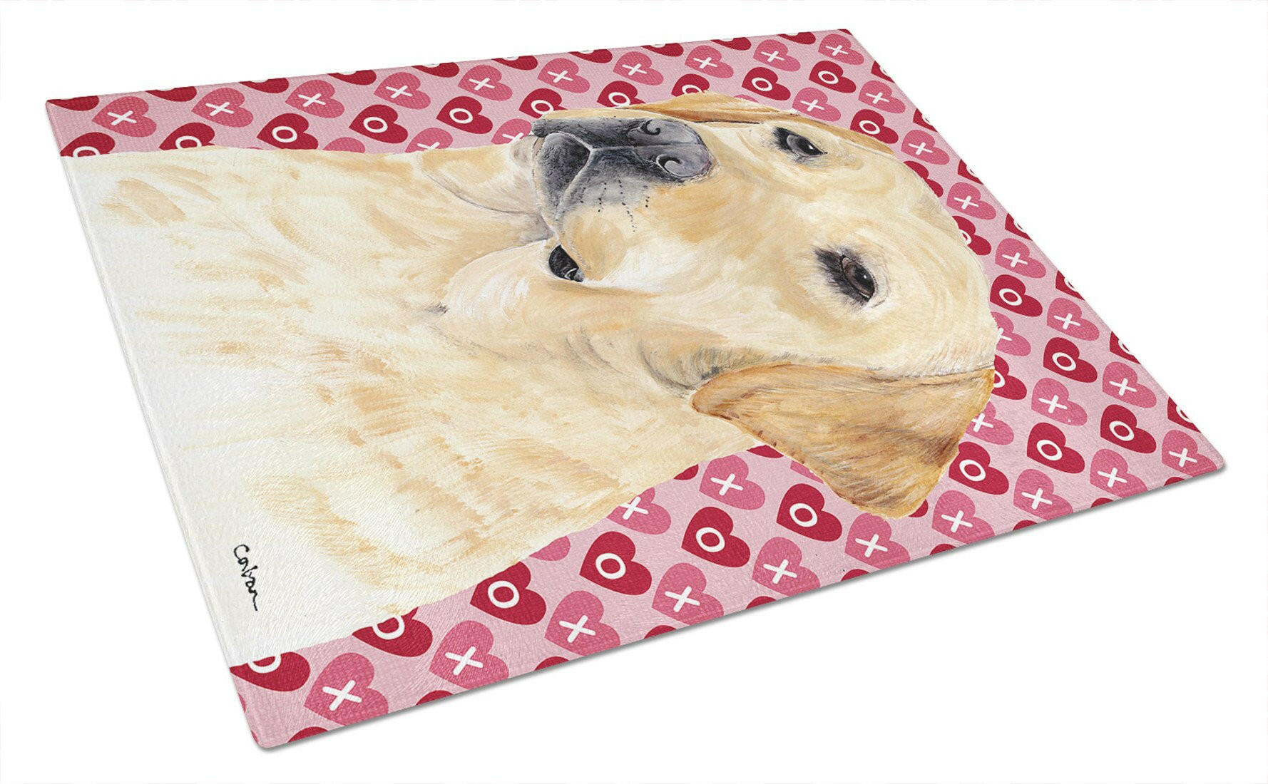 Labrador Yellow Hearts Love and Valentine's Day Glass Cutting Board Large by Caroline's Treasures
