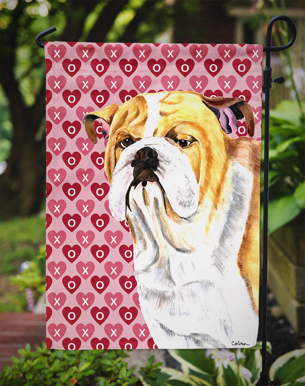Bulldog English Hearts Love Valentine's Day Portrait Flag Garden Size.