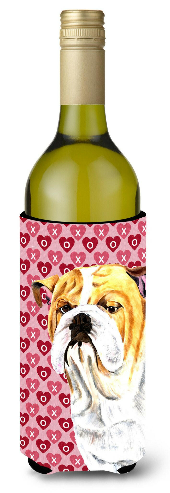 Bulldog English Hearts Love Valentine&#39;s Day Portrait Wine Bottle Beverage Insulator Beverage Insulator Hugger by Caroline&#39;s Treasures