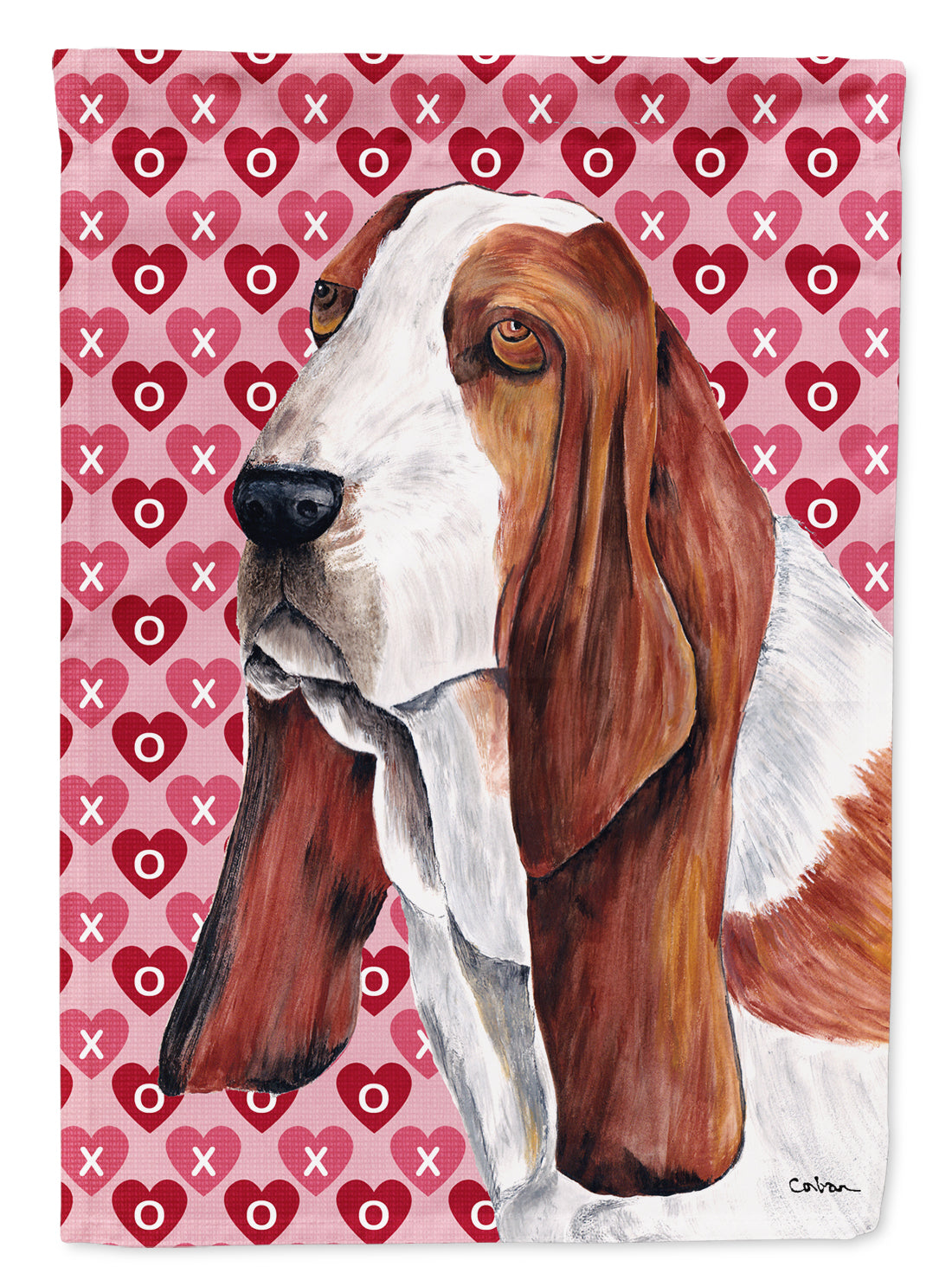 Basset Hound Hearts Love and Valentine&#39;s Day Portrait Flag Canvas House Size  the-store.com.