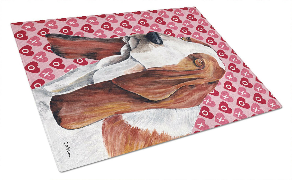 Basset Hound Hearts Love and Valentine&#39;s Day Portrait Glass Cutting Board Large by Caroline&#39;s Treasures