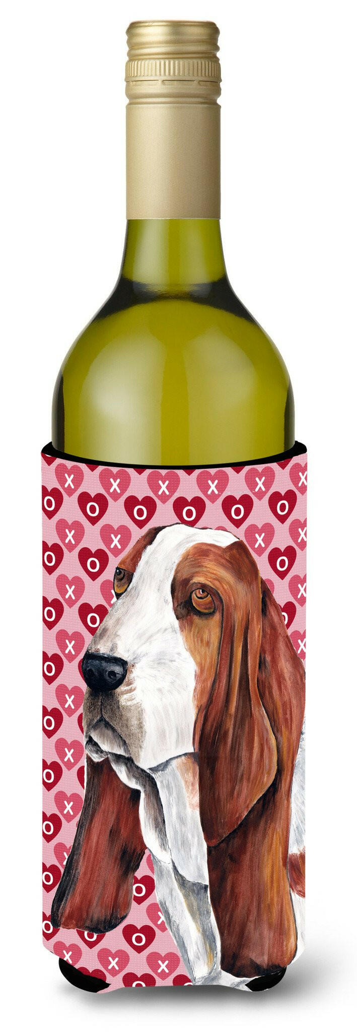 Basset Hound Hearts Valentine's Day Portrait Wine Bottle Beverage Insulator Beverage Insulator Hugger by Caroline's Treasures