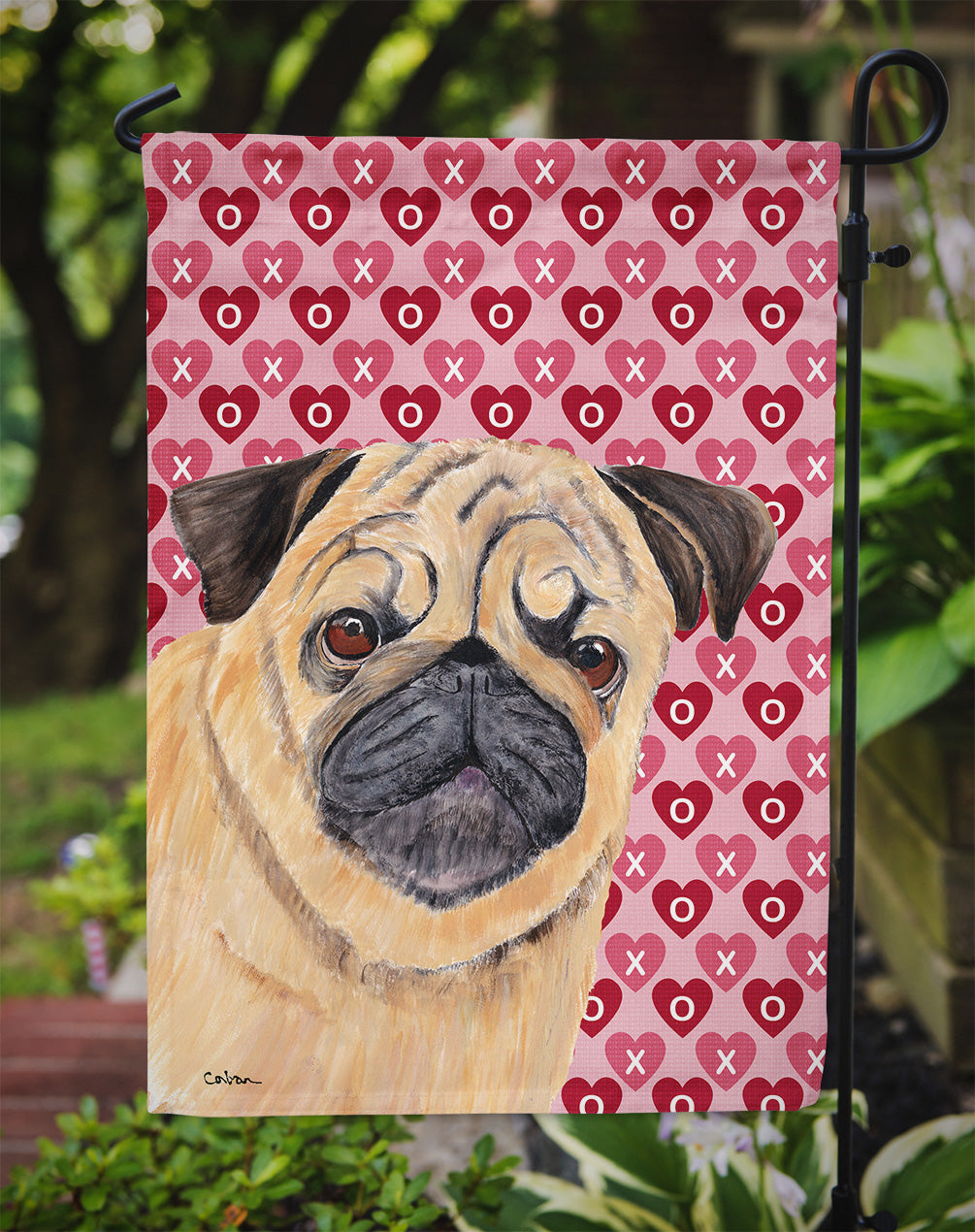 Pug Hearts Love and Valentine's Day Portrait Flag Garden Size