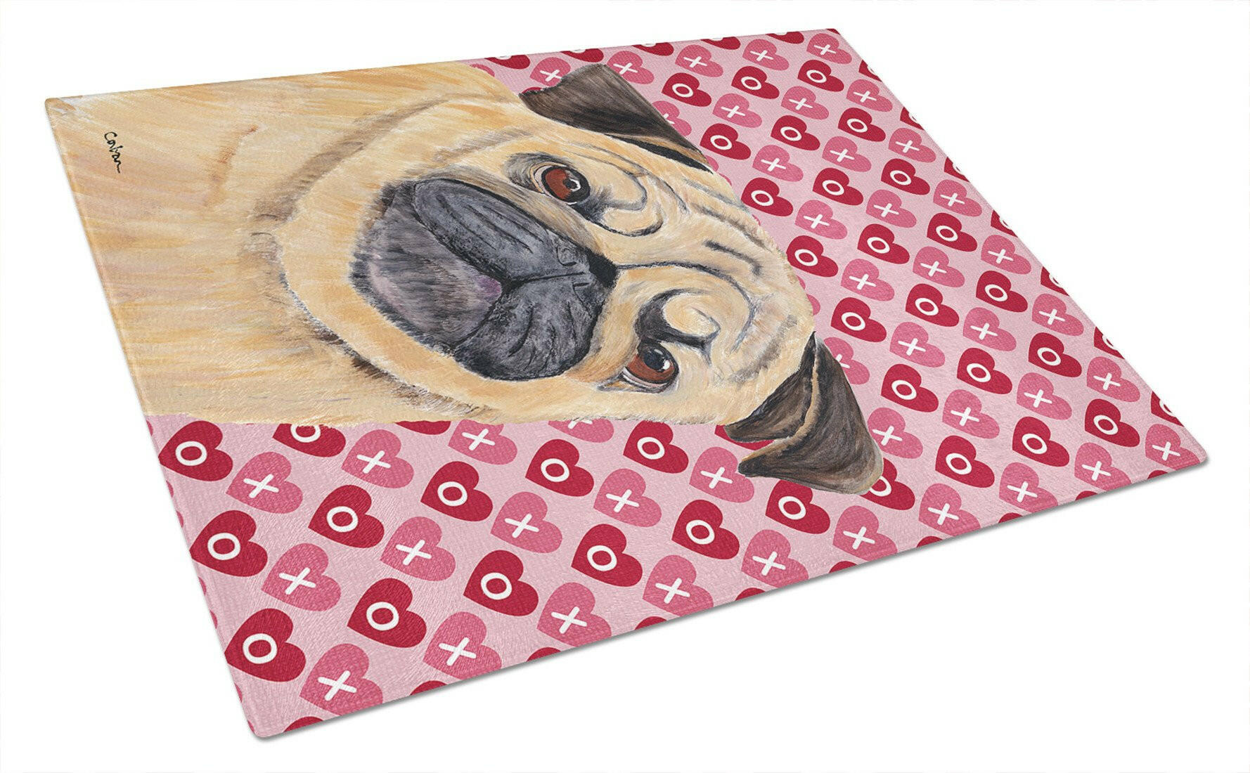 Pug Hearts Love and Valentine's Day Portrait Glass Cutting Board Large by Caroline's Treasures