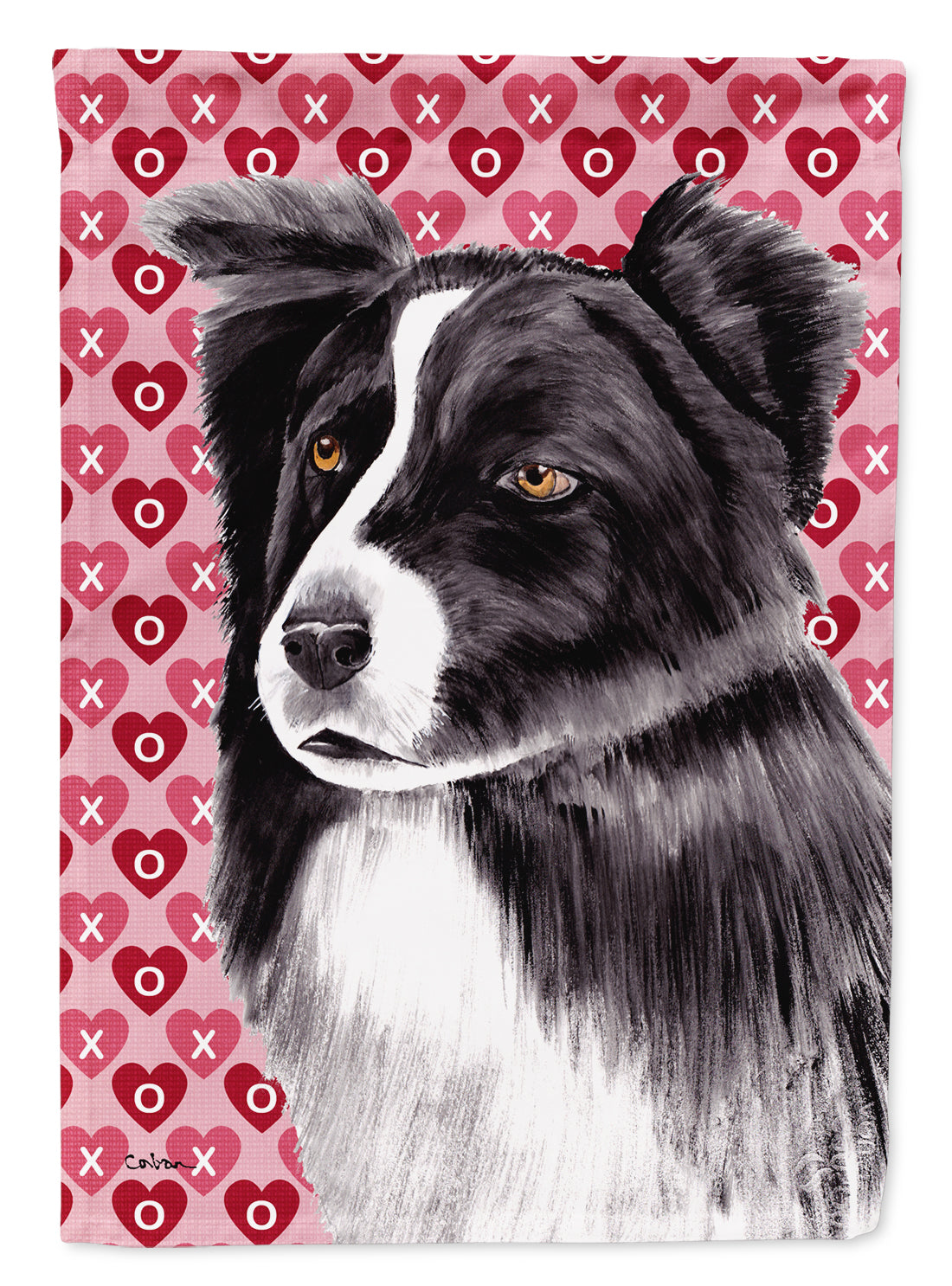 Border Collie Hearts Love and Valentine&#39;s Day Portrait Flag Canvas House Size