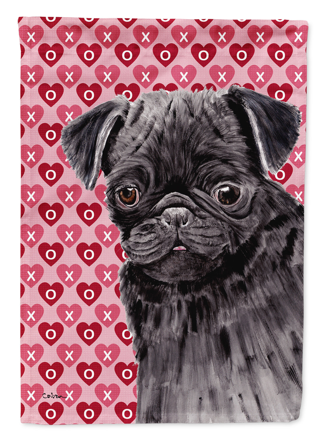 Pug Black Hearts Love and Valentine's Day Portrait Flag Garden Size.