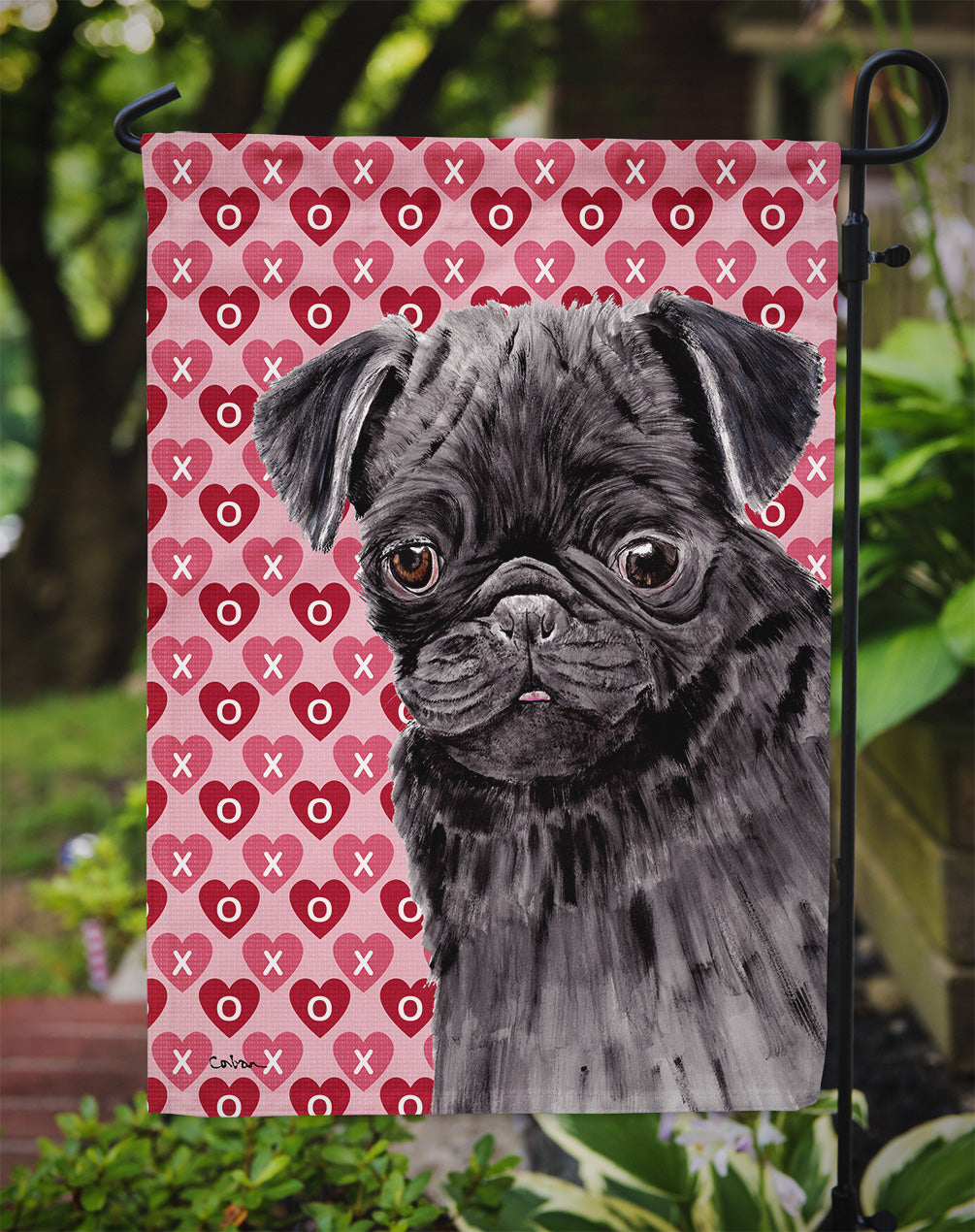Pug Black Hearts Love and Valentine's Day Portrait Flag Garden Size.