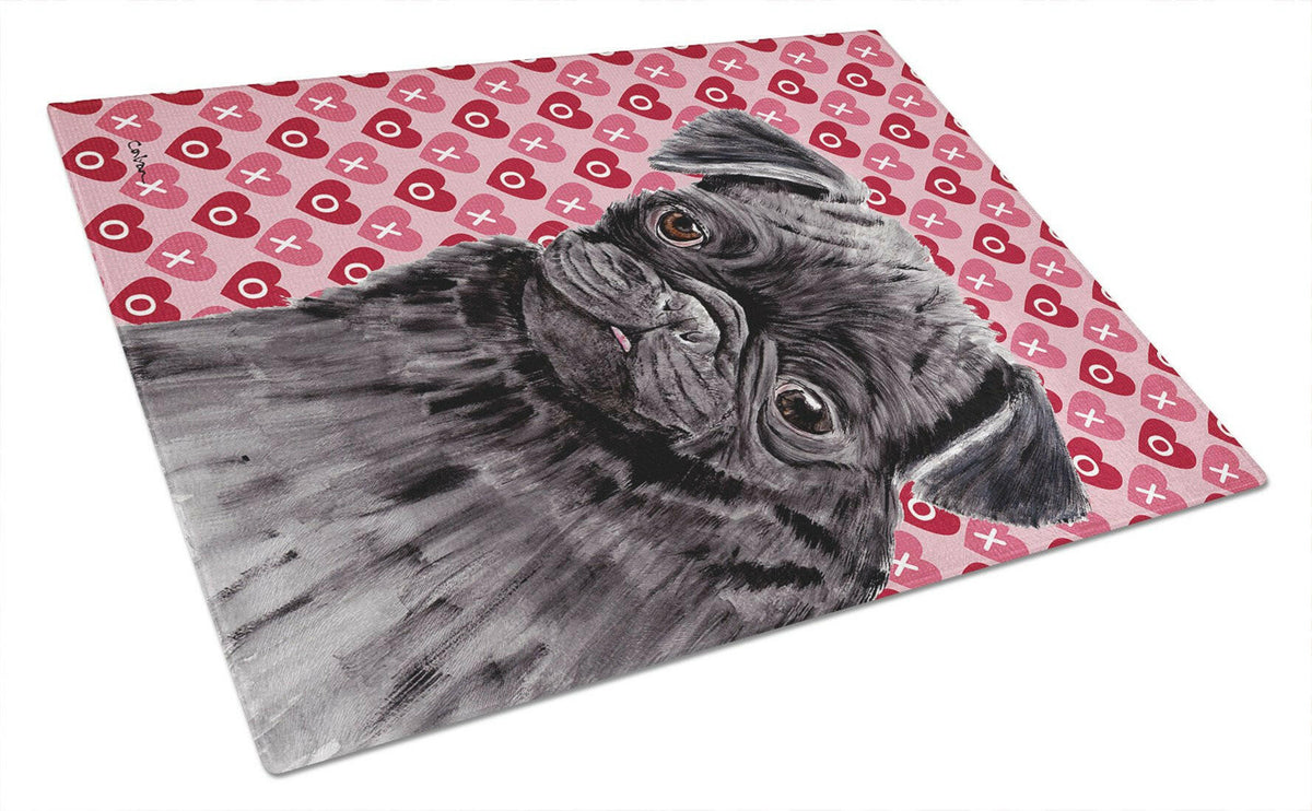 Pug Black Hearts Love and Valentine&#39;s Day Portrait Glass Cutting Board Large by Caroline&#39;s Treasures