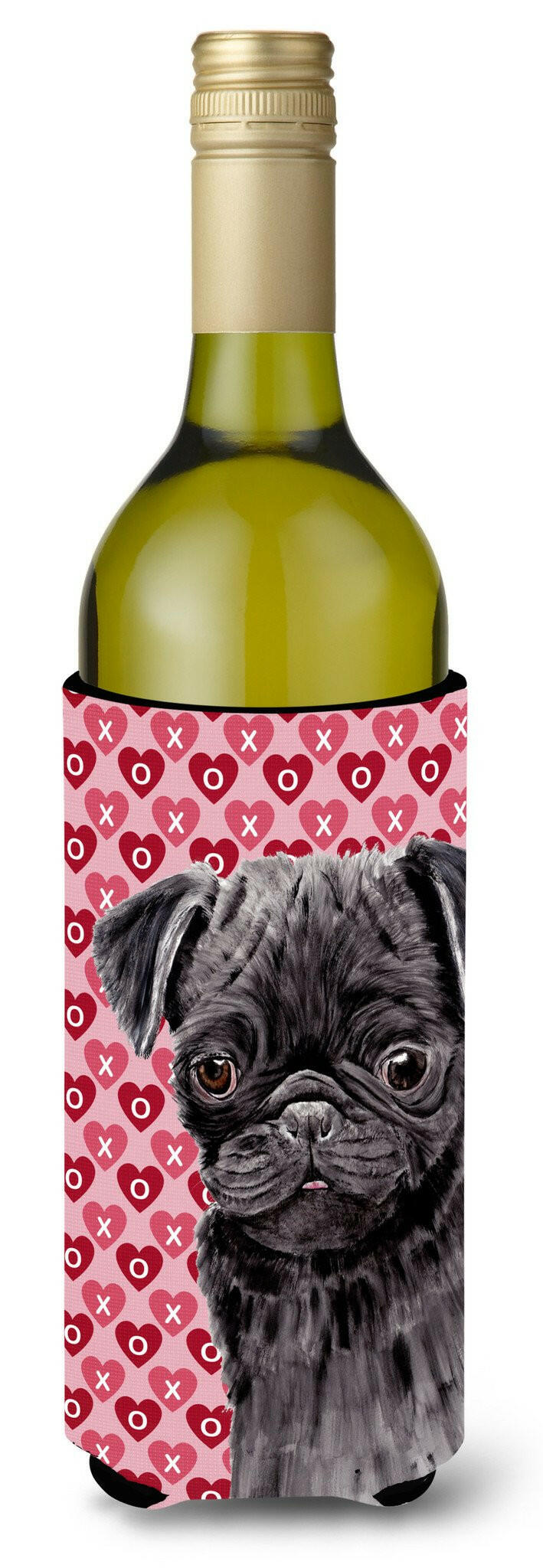 Pug Black Hearts Love and Valentine&#39;s Day Portrait Wine Bottle Beverage Insulator Beverage Insulator Hugger by Caroline&#39;s Treasures