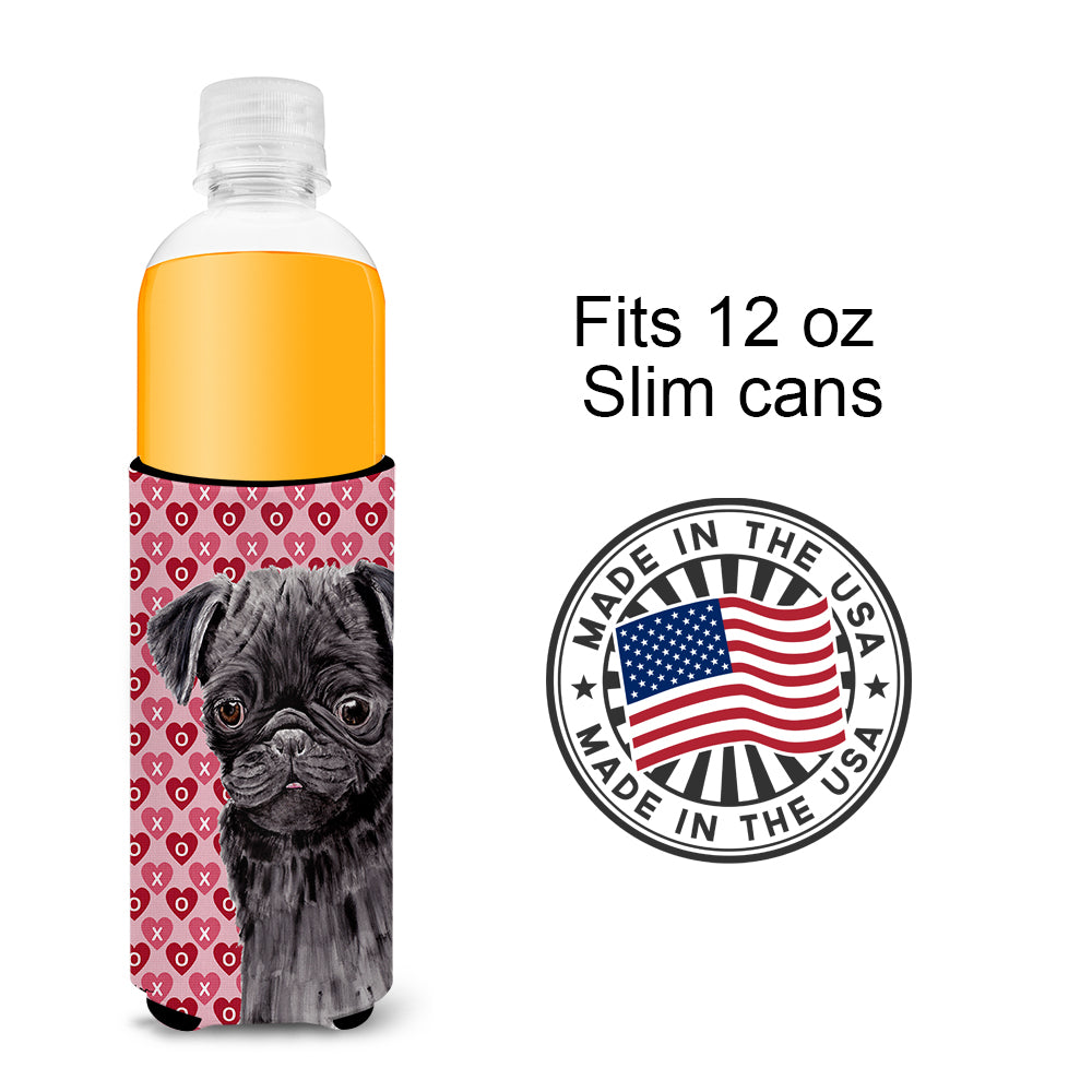 Pug Black Hearts Love and Valentine's Day Portrait Ultra Beverage Insulators for slim cans SC9273MUK.