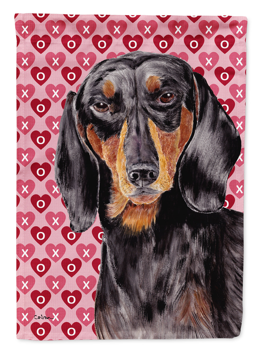 Dachshund Black Tan Hearts Love Valentine&#39;s Day Flag Canvas House Size  the-store.com.