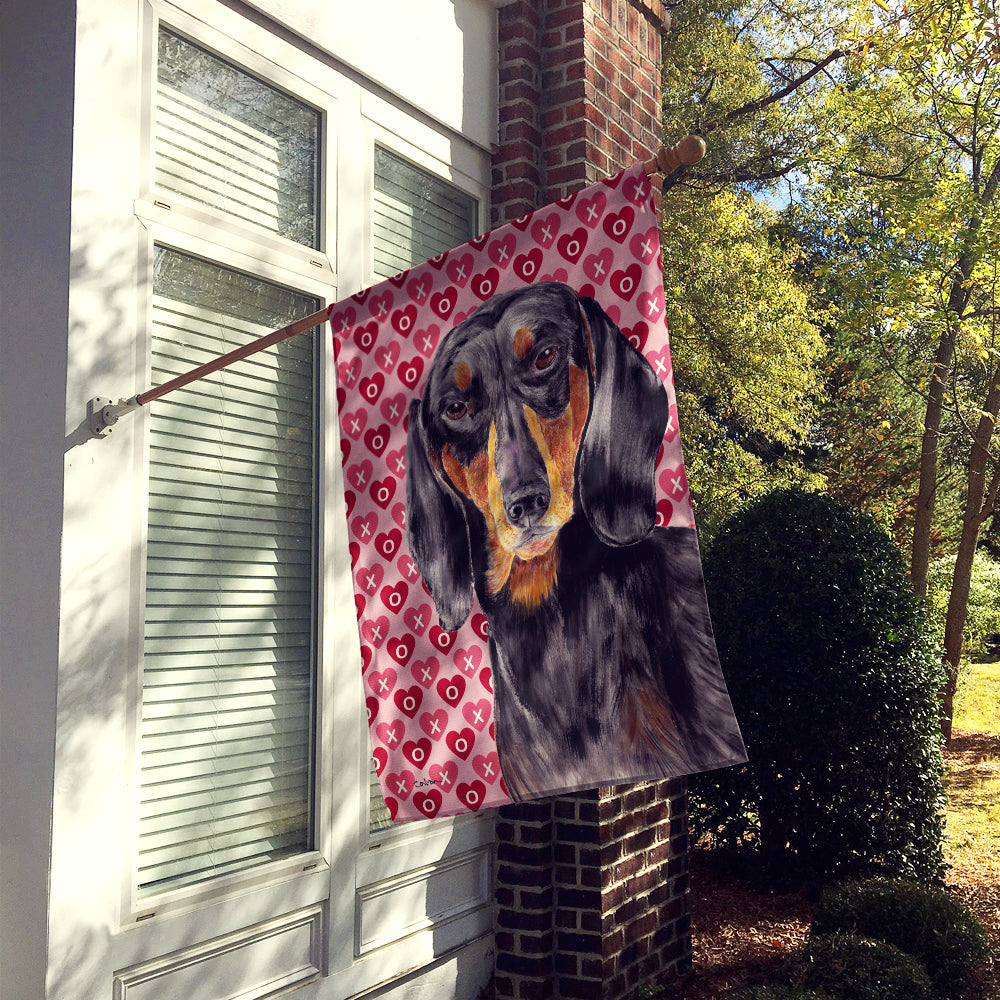 Dachshund Black Tan Hearts Love Valentine's Day Flag Canvas House Size  the-store.com.