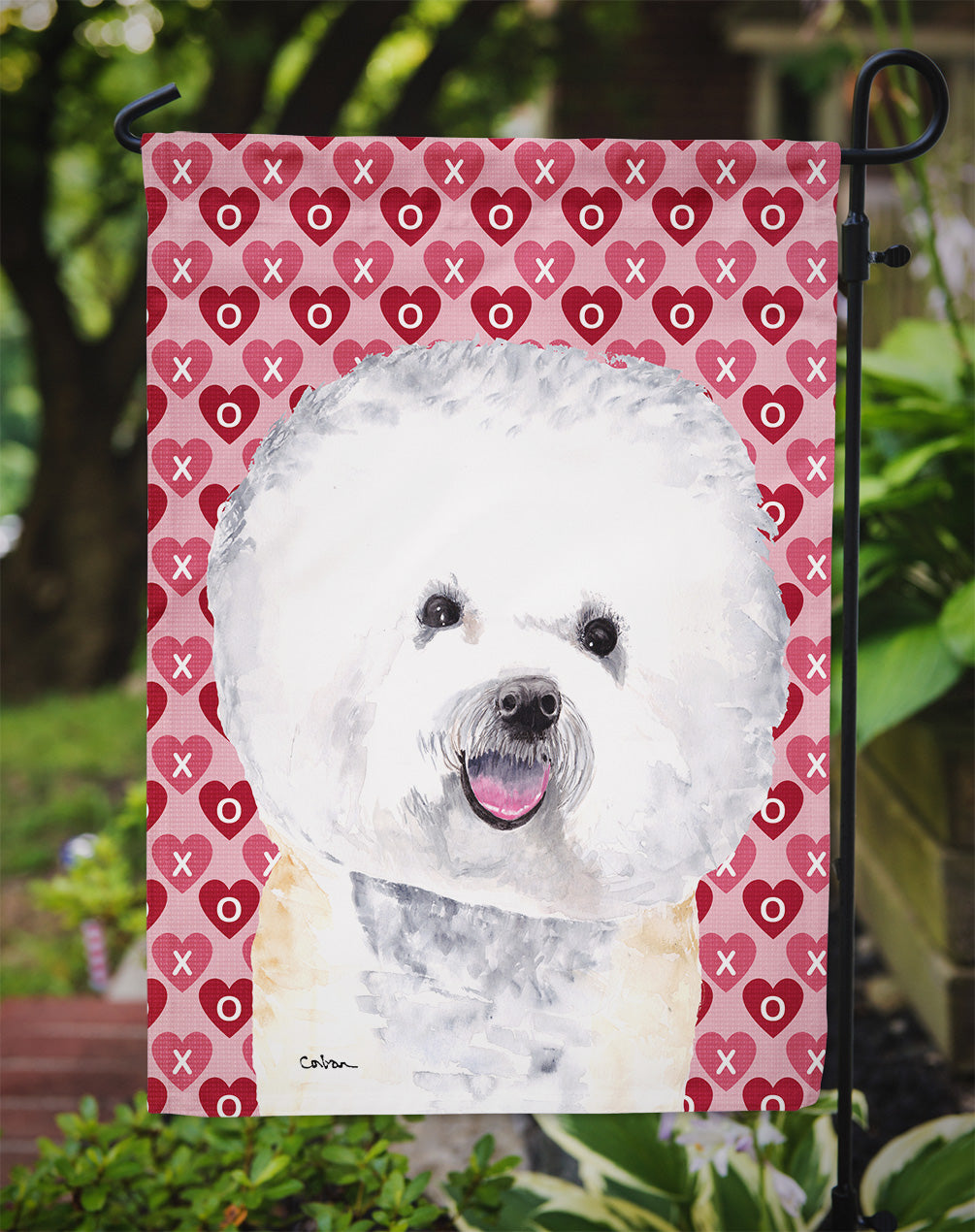 Bichon Frise Hearts Love and Valentine's Day Portrait Flag Garden Size.