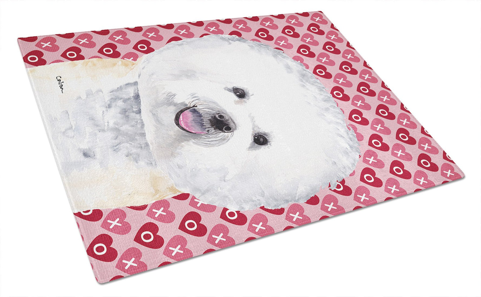 Bichon Frise Hearts Love and Valentine's Day Portrait Glass Cutting Board Large by Caroline's Treasures