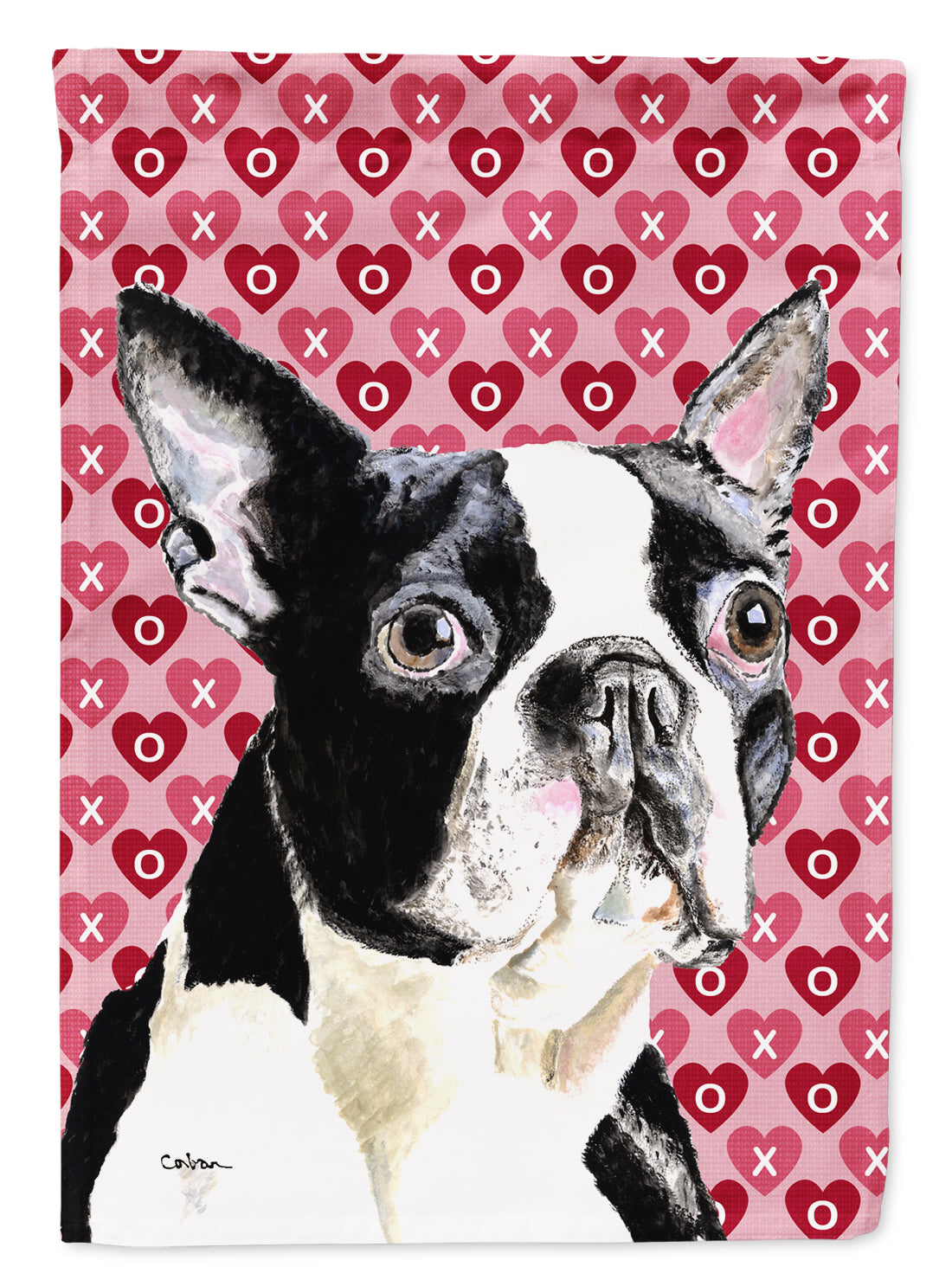 Boston Terrier Hearts Love and Valentine&#39;s Day Portrait Flag Canvas House Size