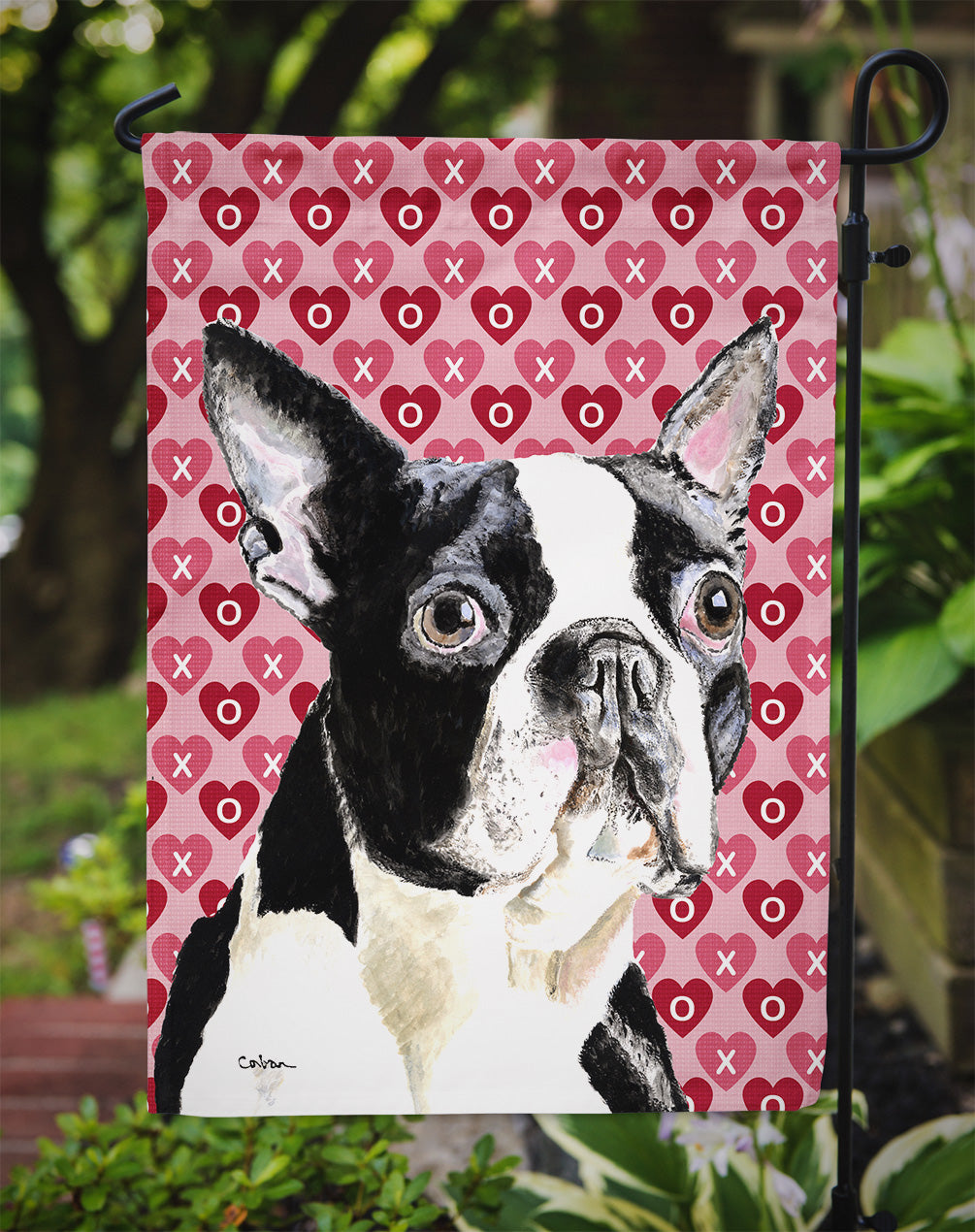 Boston Terrier Hearts Love Valentine's Day Flag Garden Size.