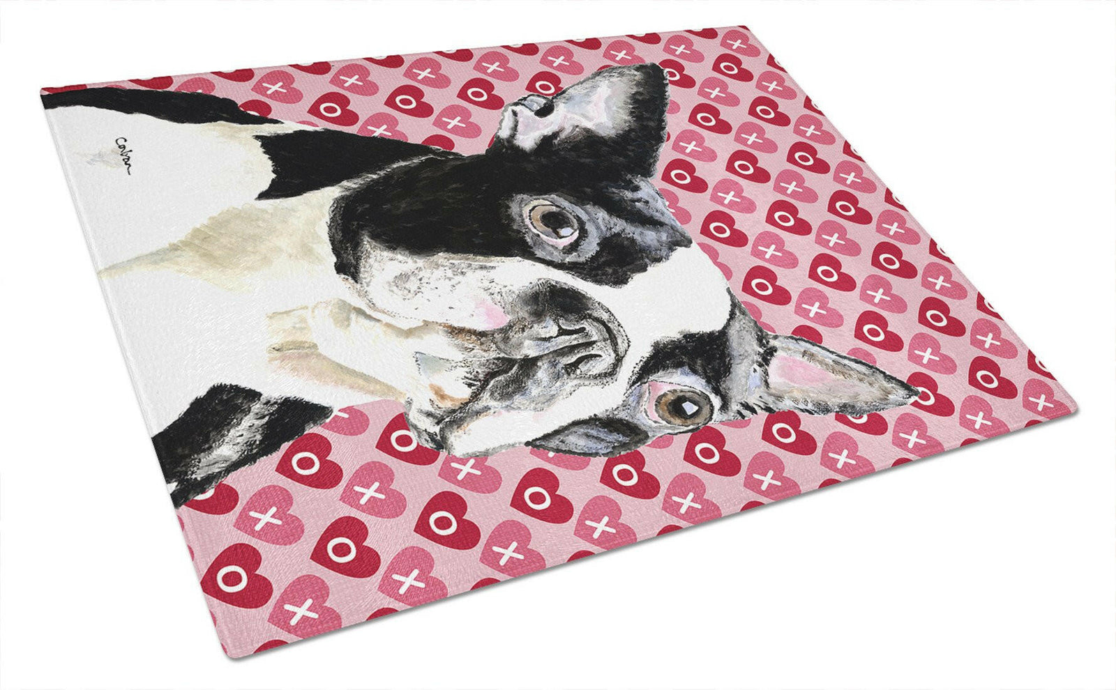 Boston Terrier Hearts Love and Valentine's Day Glass Cutting Board Large by Caroline's Treasures