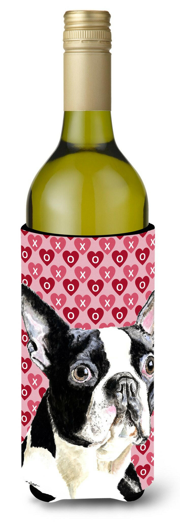 Boston Terrier Hearts Love Valentine&#39;s Day Wine Bottle Beverage Insulator Beverage Insulator Hugger by Caroline&#39;s Treasures