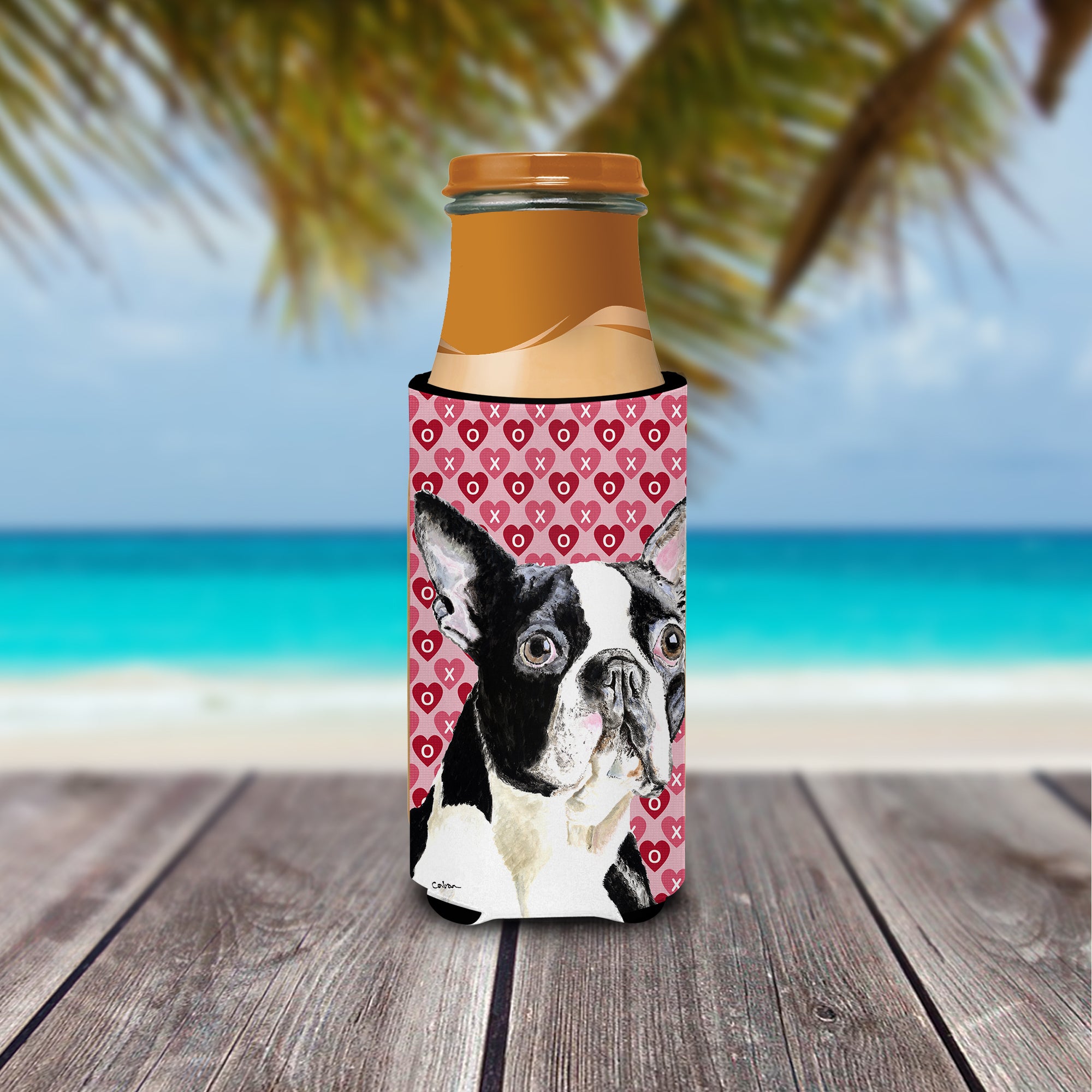 Boston Terrier Hearts Love Valentine's Day Ultra Beverage Insulators for slim cans SC9279MUK.