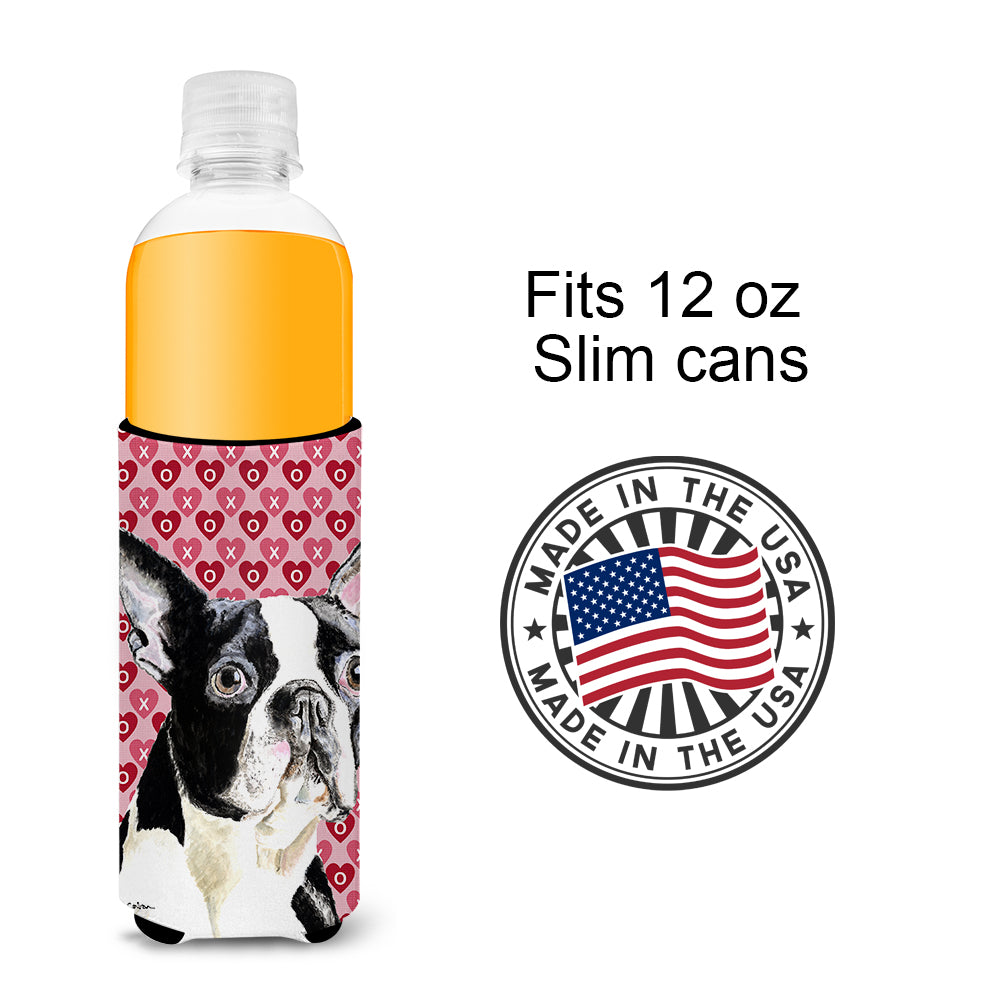 Boston Terrier Hearts Love Valentine's Day Ultra Beverage Insulators for slim cans SC9279MUK.