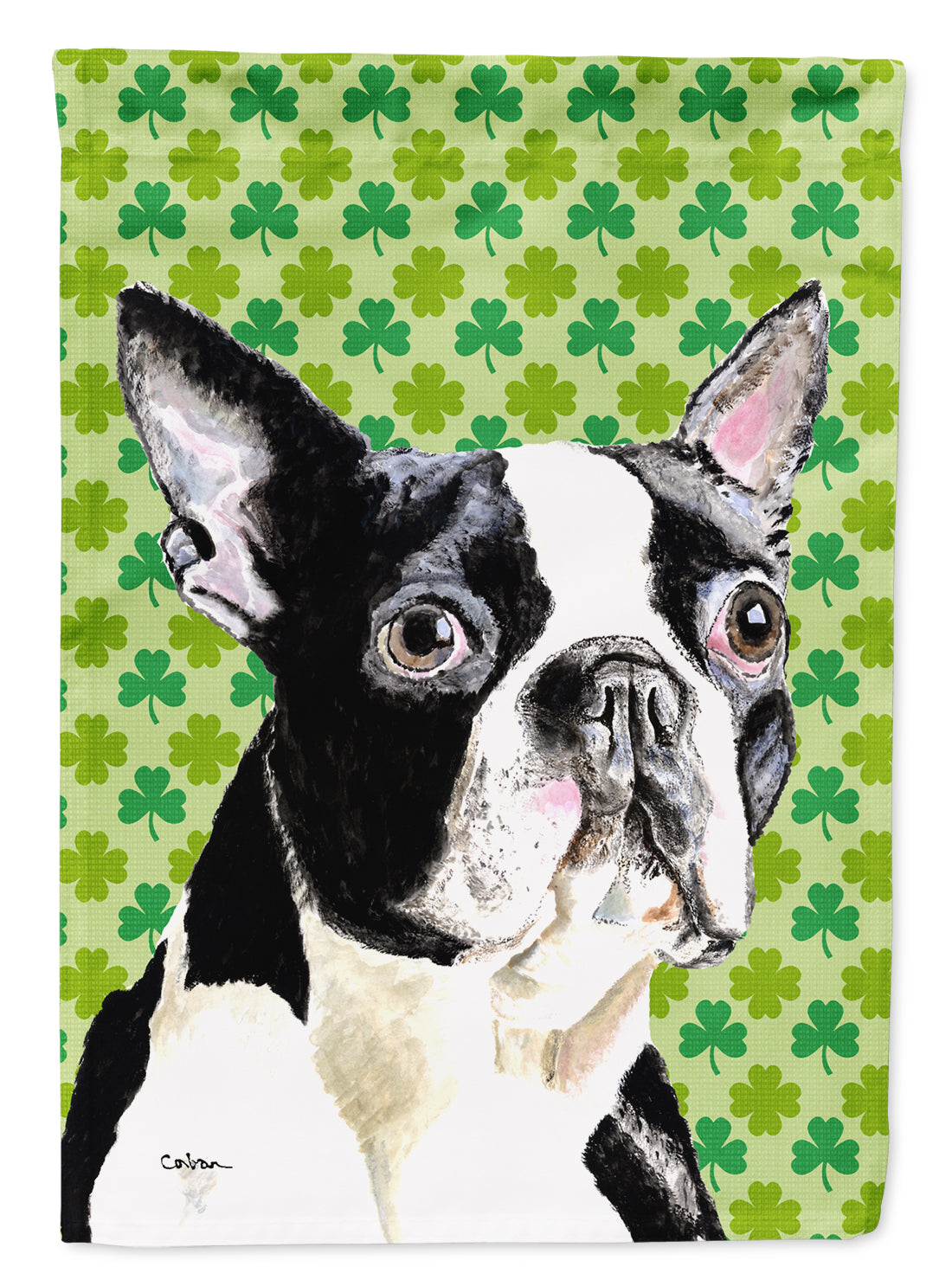 Boston Terrier St. Patrick&#39;s Day Shamrock Portrait Flag Canvas House Size  the-store.com.