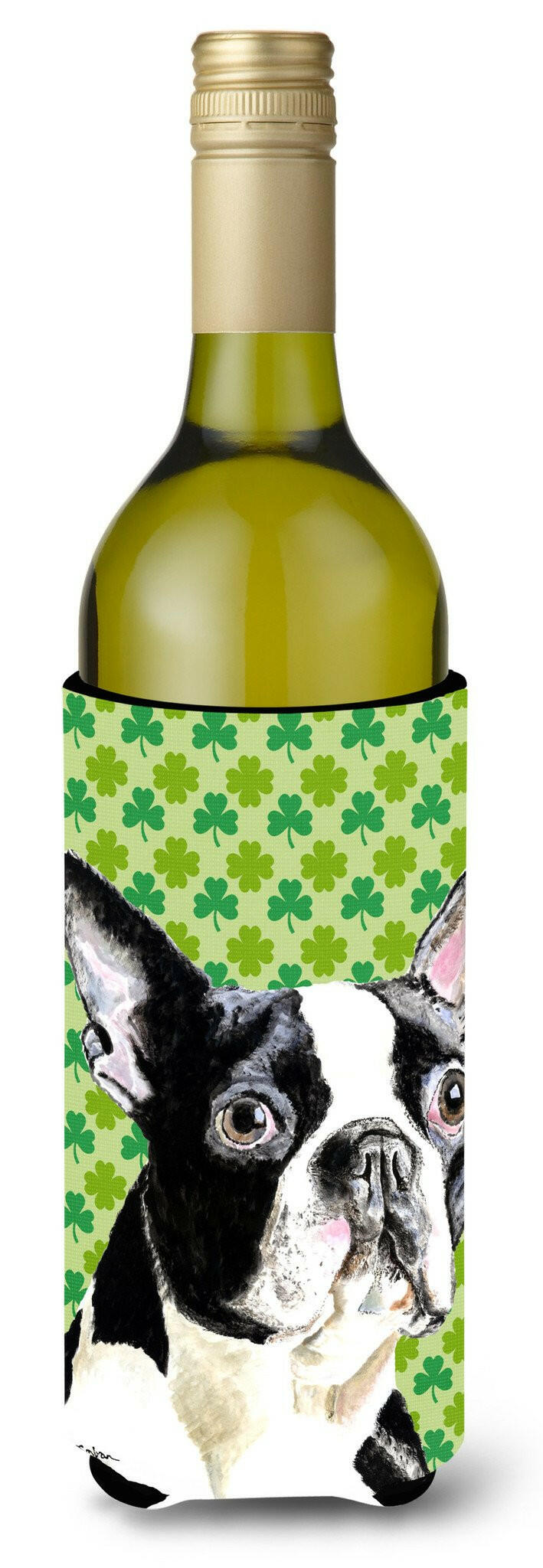 Boston Terrier St. Patrick's Day Shamrock Portrait Wine Bottle Beverage Insulator Beverage Insulator Hugger by Caroline's Treasures