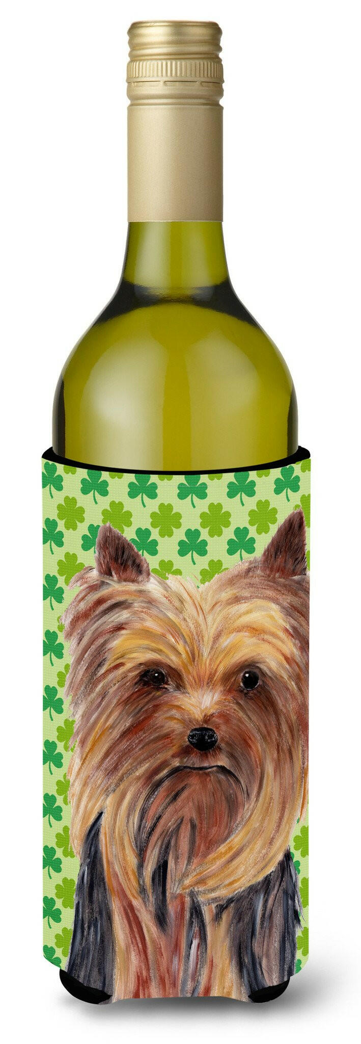 Yorkie St. Patrick&#39;s Day Shamrock Portrait Wine Bottle Beverage Insulator Beverage Insulator Hugger by Caroline&#39;s Treasures