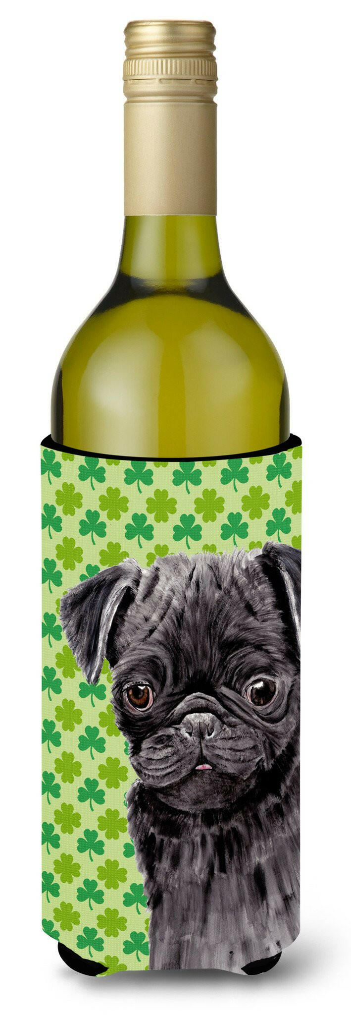 Pug Black St. Patrick&#39;s Day Shamrock Portrait Wine Bottle Beverage Insulator Beverage Insulator Hugger by Caroline&#39;s Treasures