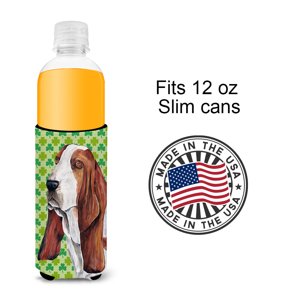 Basset Hound St. Patrick's Day Shamrock Portrait Ultra Beverage Insulators for slim cans SC9292MUK.