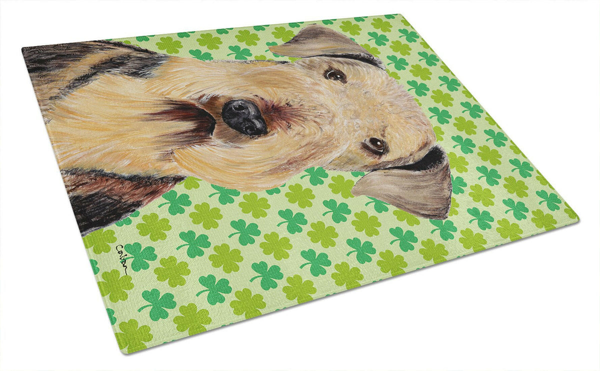 Airedale St. Patrick&#39;s Day Shamrock Portrait Glass Cutting Board Large by Caroline&#39;s Treasures