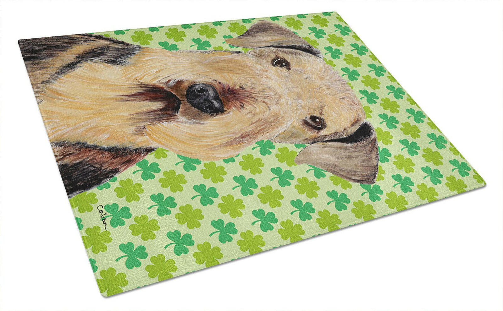 Airedale St. Patrick's Day Shamrock Portrait Glass Cutting Board Large by Caroline's Treasures