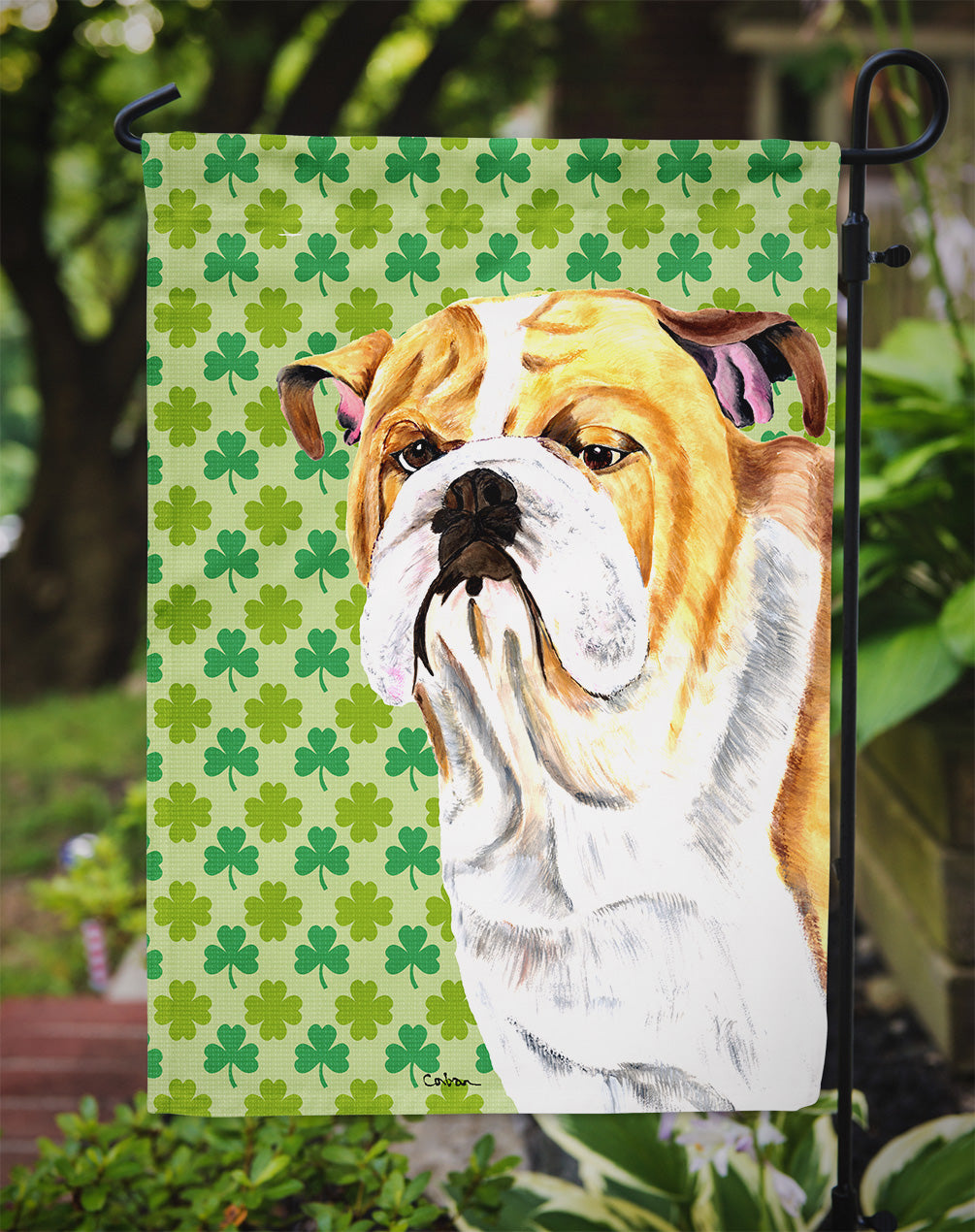 Bulldog English St. Patrick's Day Shamrock Portrait Drapeau Jardin Taille