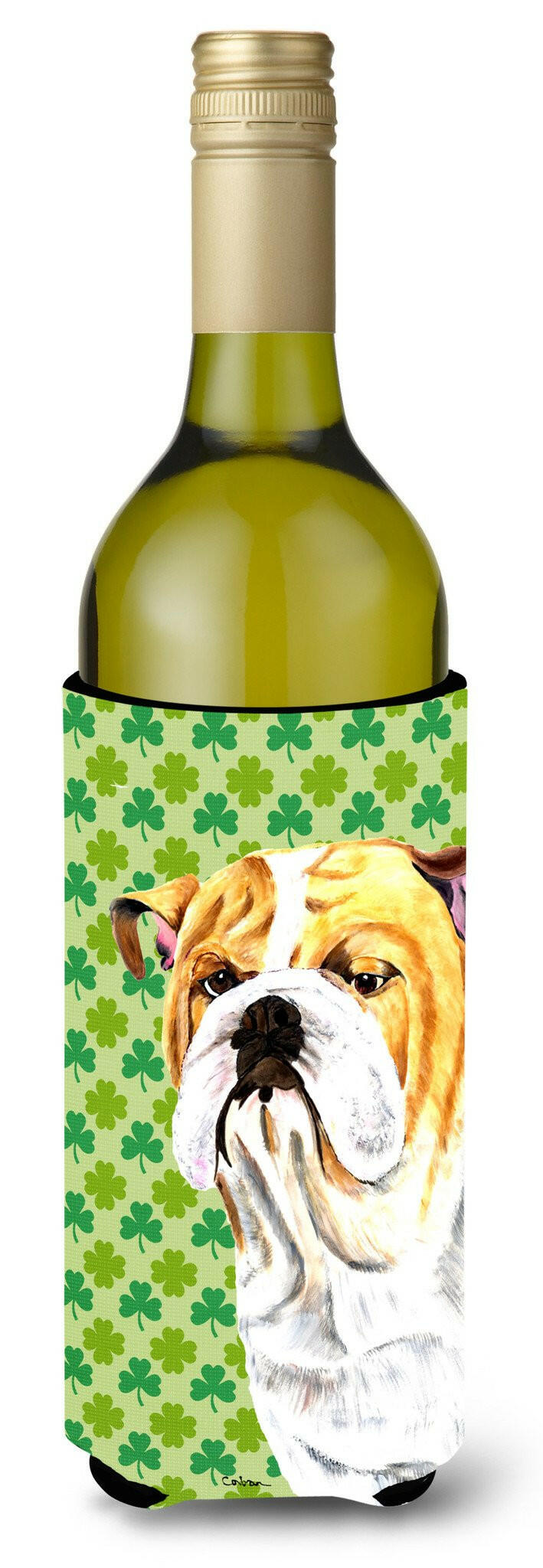 Bulldog English St. Patrick's Day Shamrock Portrait Wine Bottle Beverage Insulator Beverage Insulator Hugger by Caroline's Treasures