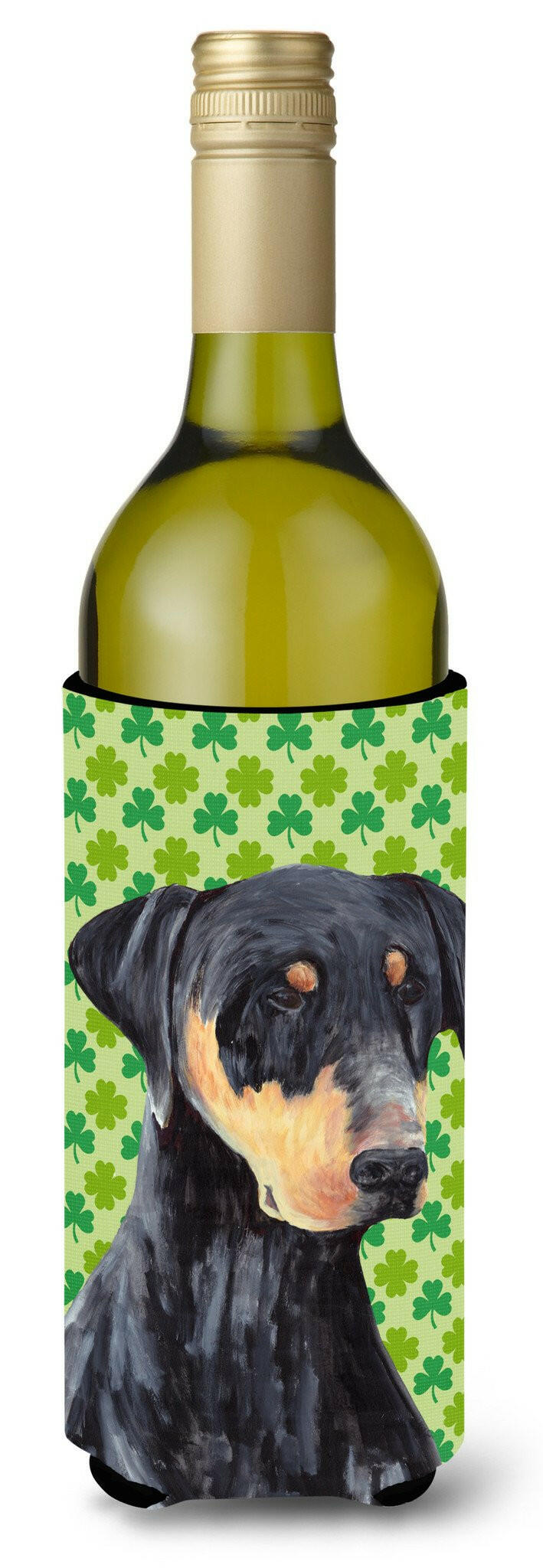 Doberman St. Patrick&#39;s Day Shamrock Portrait Wine Bottle Beverage Insulator Beverage Insulator Hugger by Caroline&#39;s Treasures