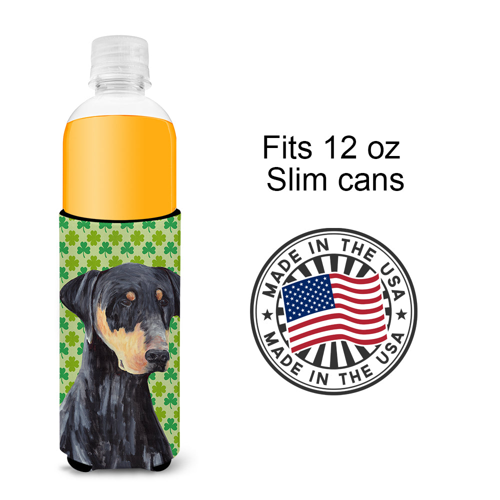 Doberman St. Patrick's Day Shamrock Portrait Ultra Beverage Insulators for slim cans SC9297MUK.