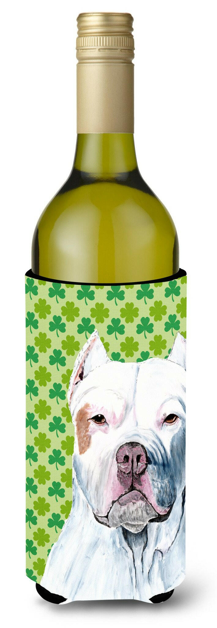 Pit Bull St. Patrick&#39;s Day Shamrock Portrait Wine Bottle Beverage Insulator Beverage Insulator Hugger by Caroline&#39;s Treasures