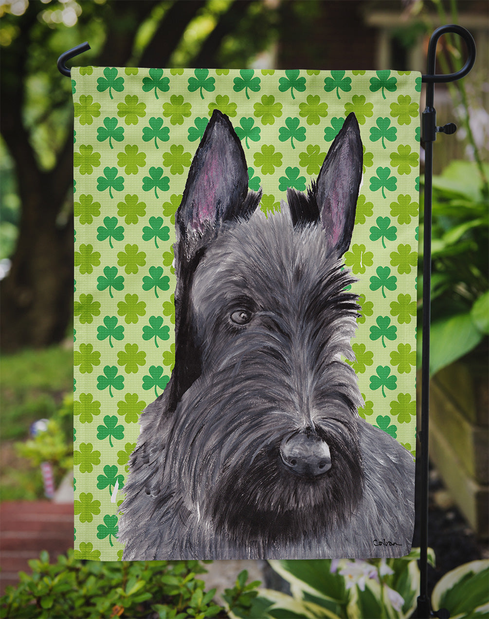 Scottish Terrier St. Patrick's Day Shamrock Portrait Flag Garden Size.