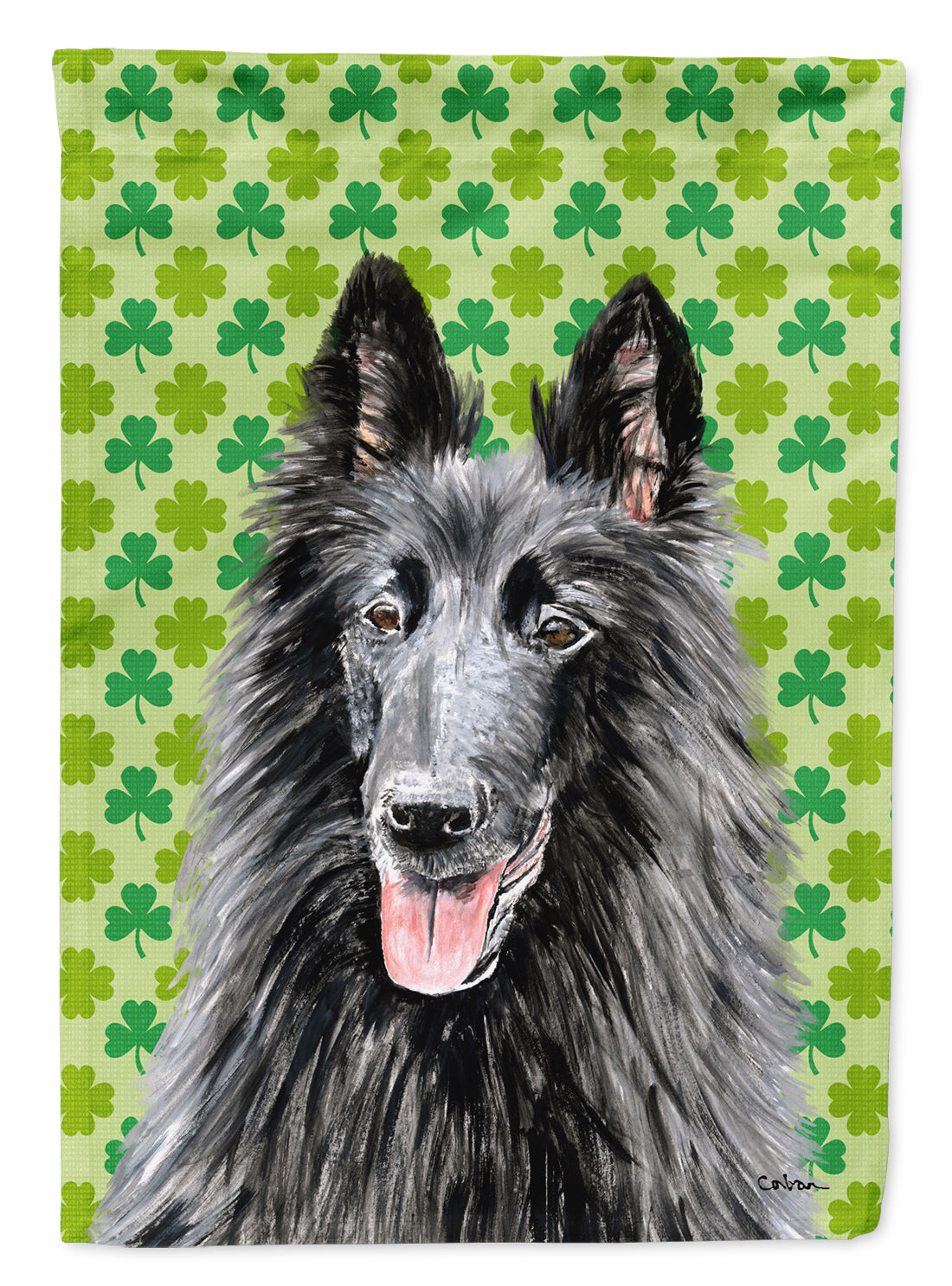 Belgian Sheepdog St. Patrick&#39;s Day Shamrock Portrait Flag Garden Size.
