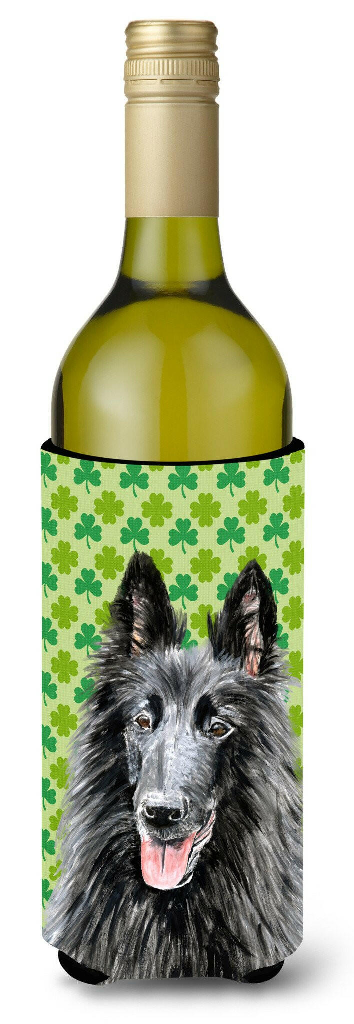 Belgian Sheepdog St. Patrick&#39;s Day Shamrock Portrait Wine Bottle Beverage Insulator Beverage Insulator Hugger by Caroline&#39;s Treasures