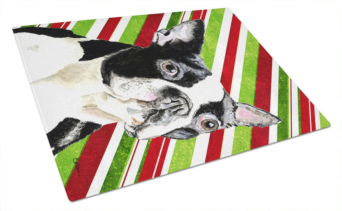Boston Terrier Candy Cane Holiday Christmas Glass Cutting Board Large by Caroline&#39;s Treasures