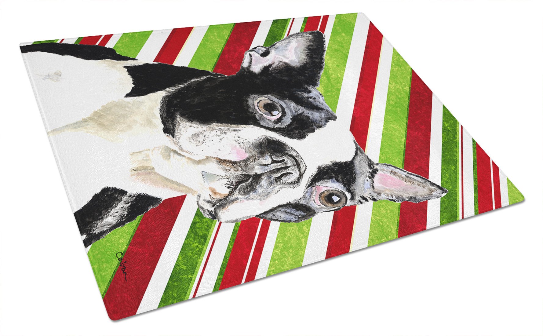Boston Terrier Candy Cane Holiday Christmas Glass Cutting Board Large by Caroline's Treasures