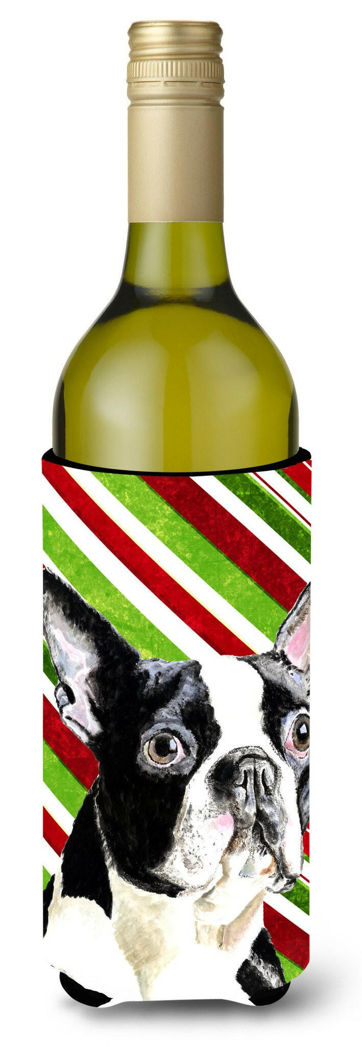 Boston Terrier Candy Cane Holiday Christmas Wine Bottle Beverage Insulator Beverage Insulator Hugger by Caroline&#39;s Treasures