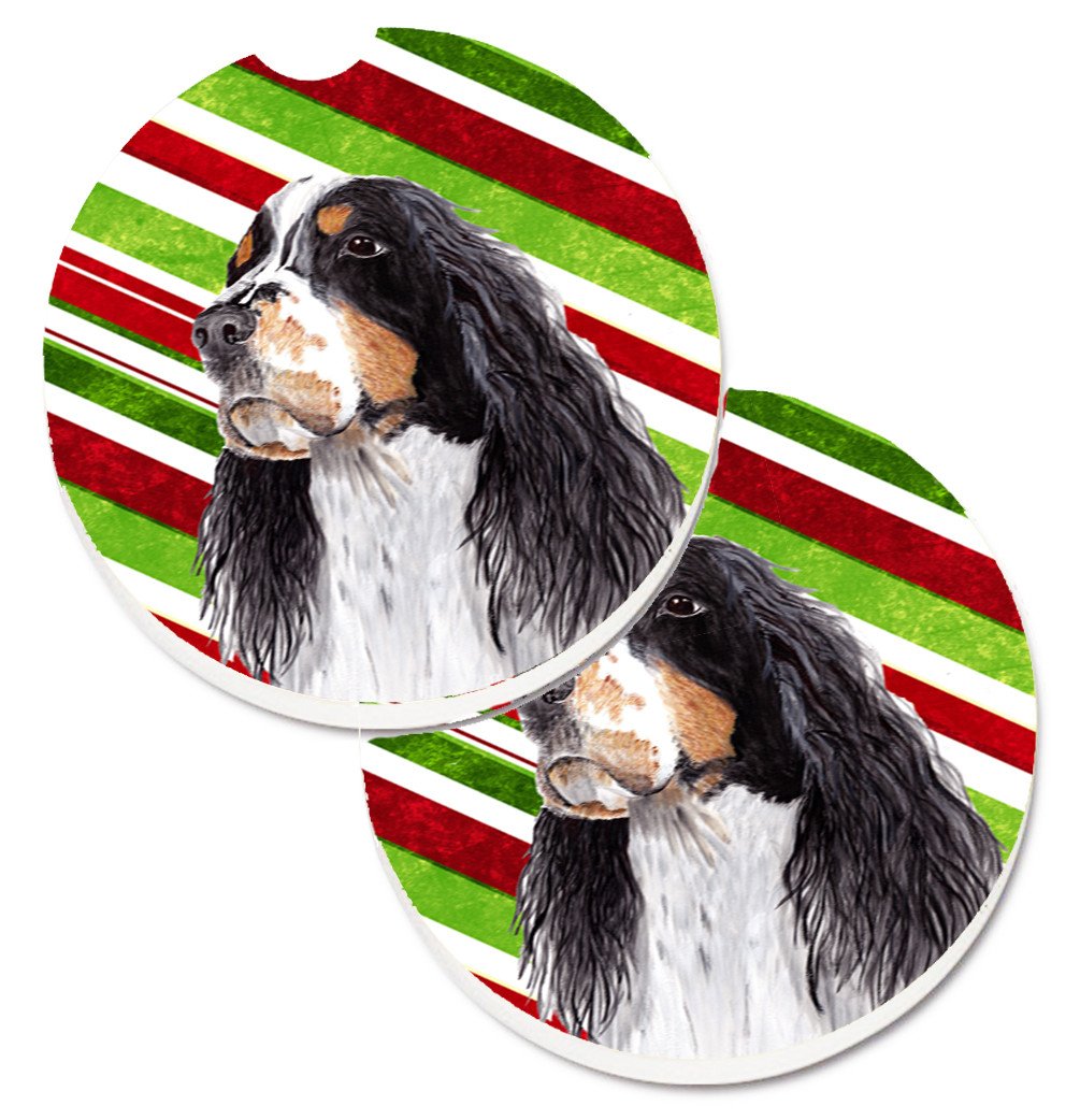 Springer Spaniel Candy Cane Holiday Christmas Set of 2 Cup Holder Car Coasters SC9321CARC by Caroline&#39;s Treasures