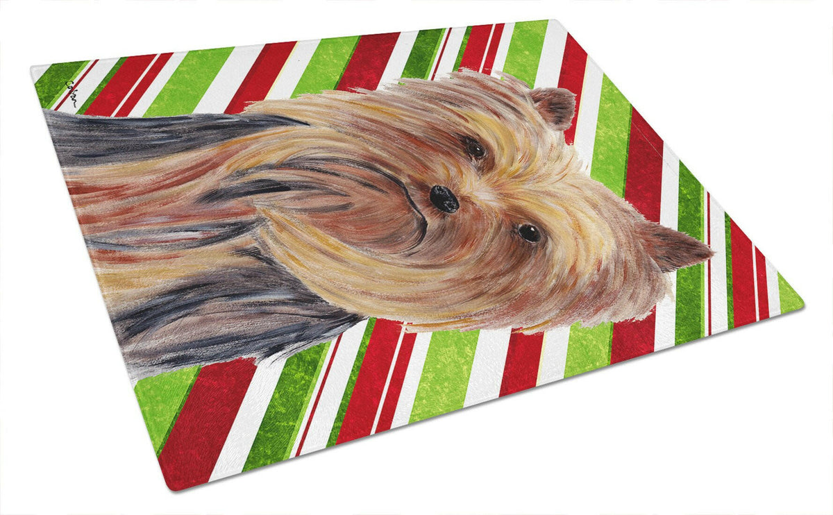 Yorkie Candy Cane Holiday Christmas Glass Cutting Board Large by Caroline&#39;s Treasures