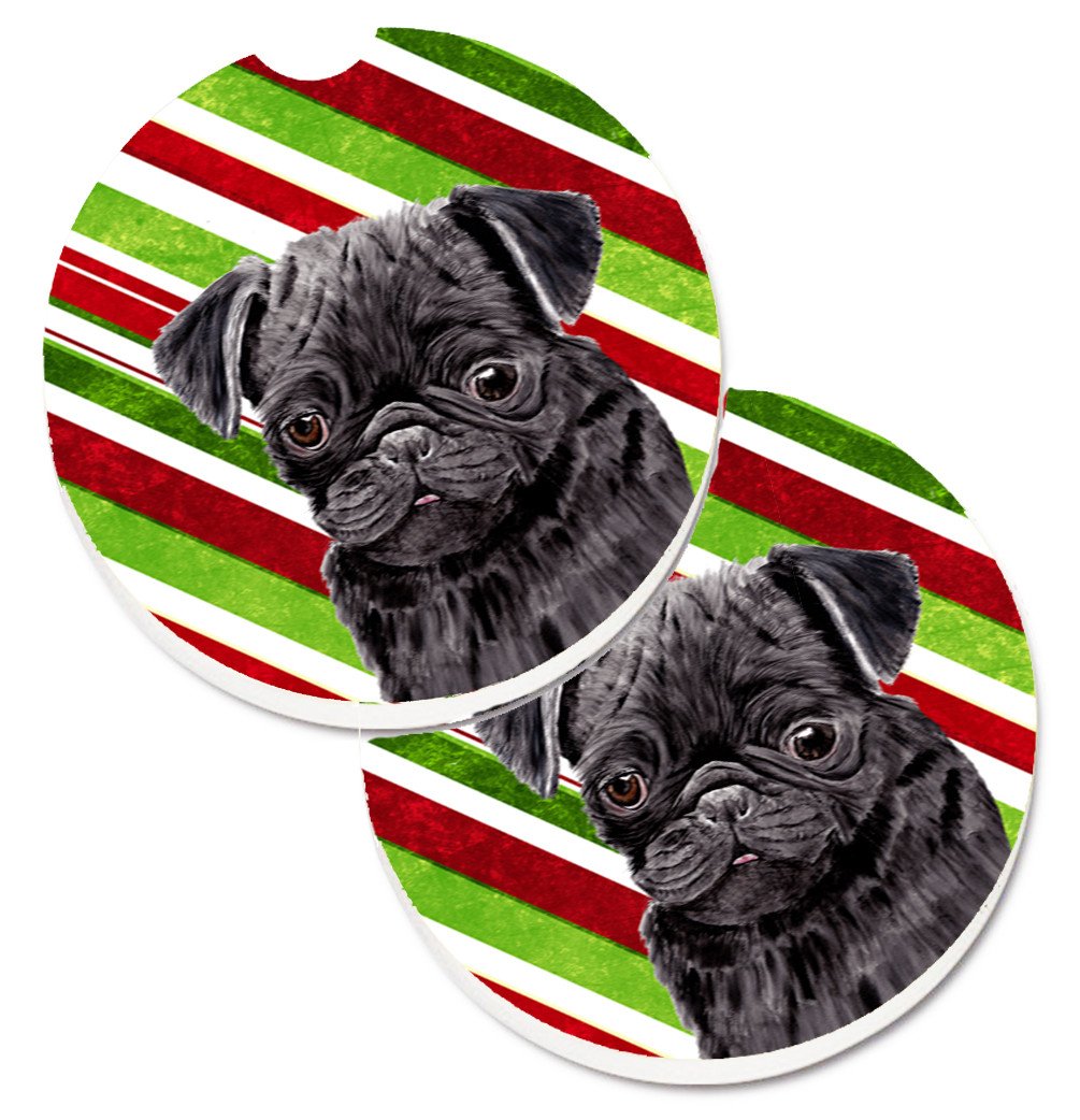 Pug Candy Cane Holiday Christmas Set of 2 Cup Holder Car Coasters SC9326CARC by Caroline&#39;s Treasures