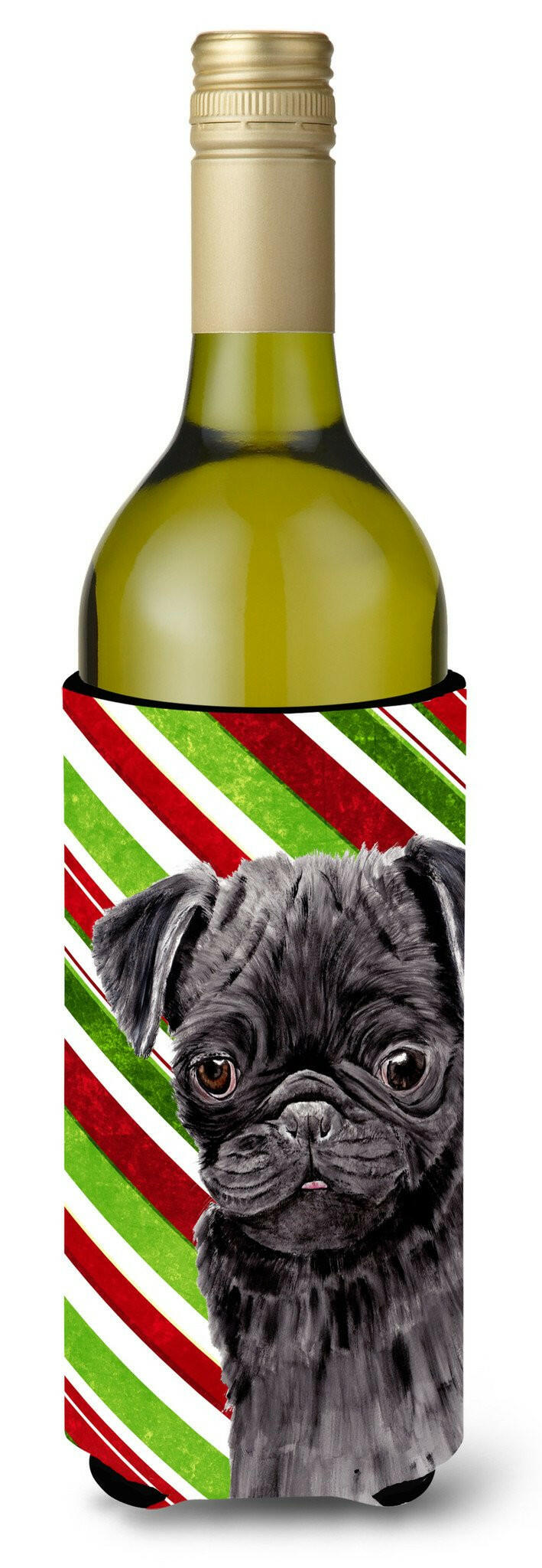 Pug Candy Cane Holiday Christmas Wine Bottle Beverage Insulator Beverage Insulator Hugger SC9326LITERK by Caroline&#39;s Treasures