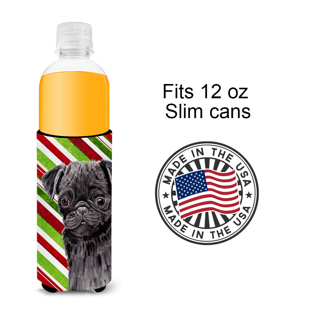 Pug Candy Cane Holiday Christmas Ultra Beverage Insulators for slim cans SC9326MUK.