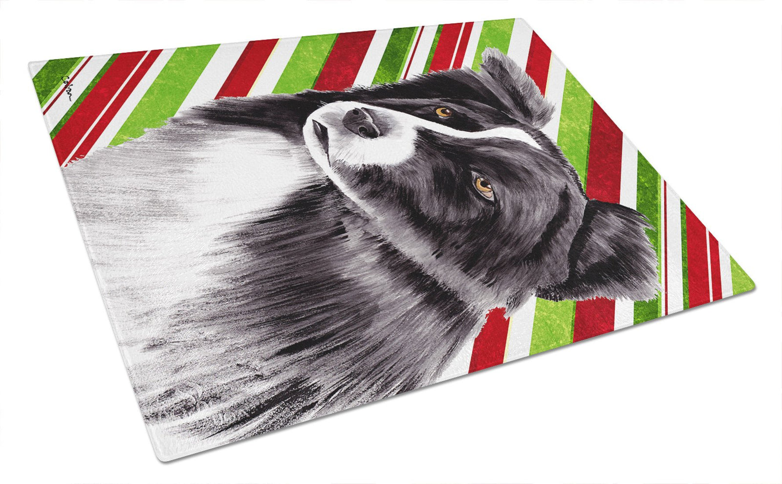 Border Collie Candy Cane Holiday Christmas Glass Cutting Board Large by Caroline's Treasures