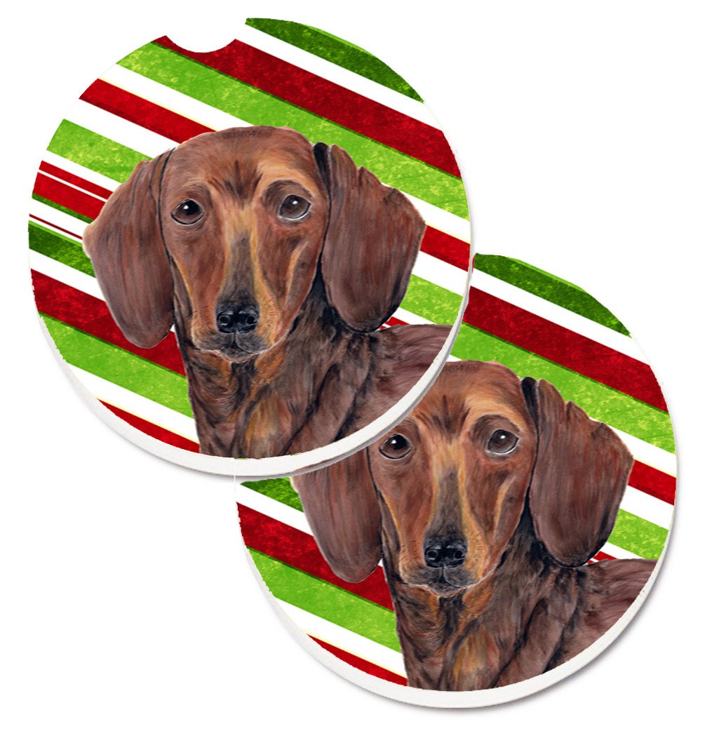 Dachshund Candy Cane Holiday Christmas Set of 2 Cup Holder Car Coasters SC9328CARC by Caroline&#39;s Treasures