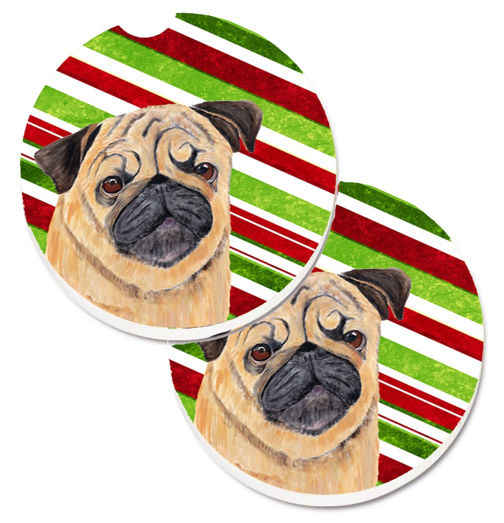 Pug Candy Cane Holiday Christmas Set of 2 Cup Holder Car Coasters SC9331CARC by Caroline&#39;s Treasures